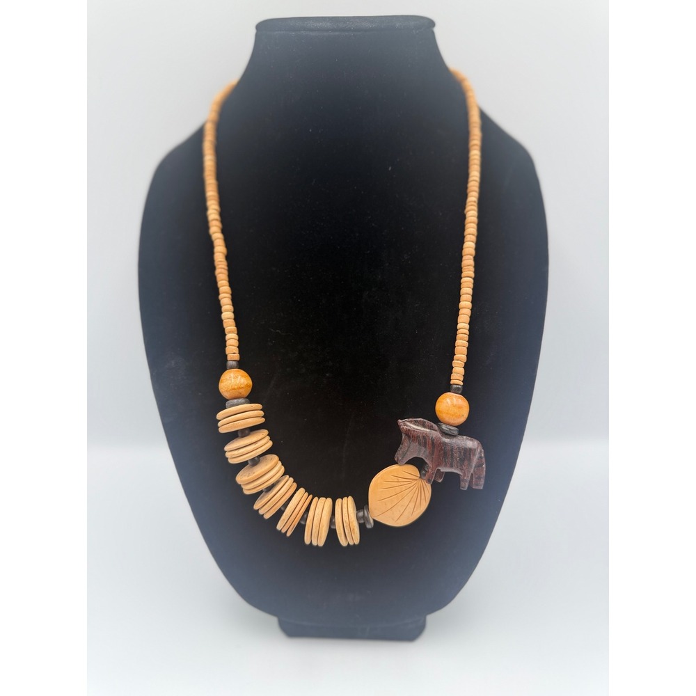 Vintage Hand Carved Wooden Zebra Bead‎ Necklace Boho Safari Animal Pendant 24in
